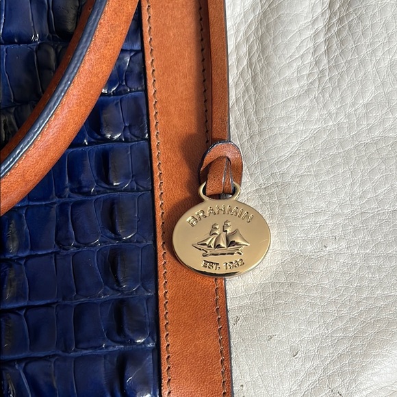 Brahmin White Navy Croc-Embossed Satchel with Tan Trim - Picture 2 of 14